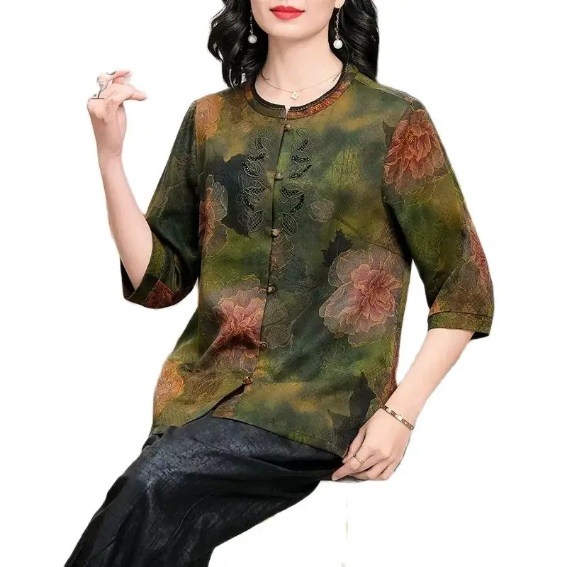 BirdTree, 100%Real Silk Watered Gauze Shirts, Women Stand Printed, Oversize Mom Retro OL Commute Blouse, 2024 Summer T44483QC