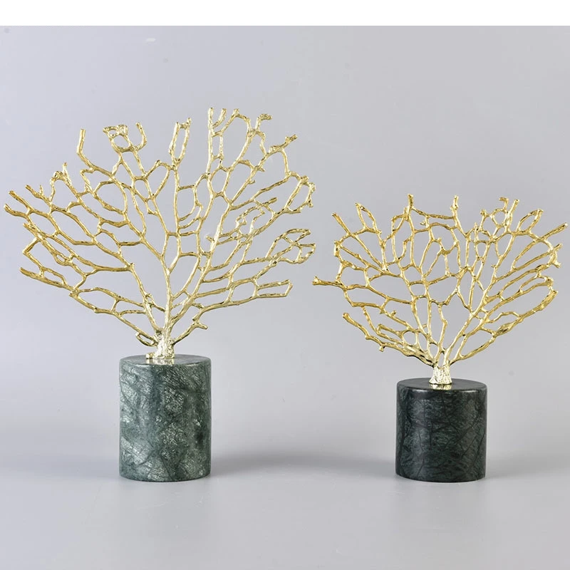 Golden Coral Artwork Ornaments Marble Crystal Base Modern Decor Sculpture Crafts Living Room Decoration Furnishings