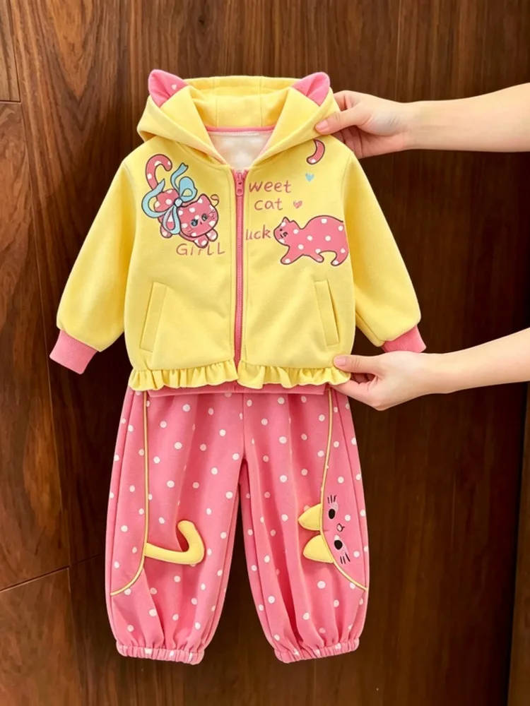 Girls Cartoon  Print Hat Jacket And Dot Pants Two Piece Set Spring Autumn Fashionable Kids Outfit Small Toddler Ensemble