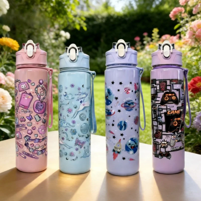 Convenient 750ml Water Bottle Printed Cartoon Portable Straw Cup Leakproof Large Capacity Sports Cup Outdoor Travel Gym Sports