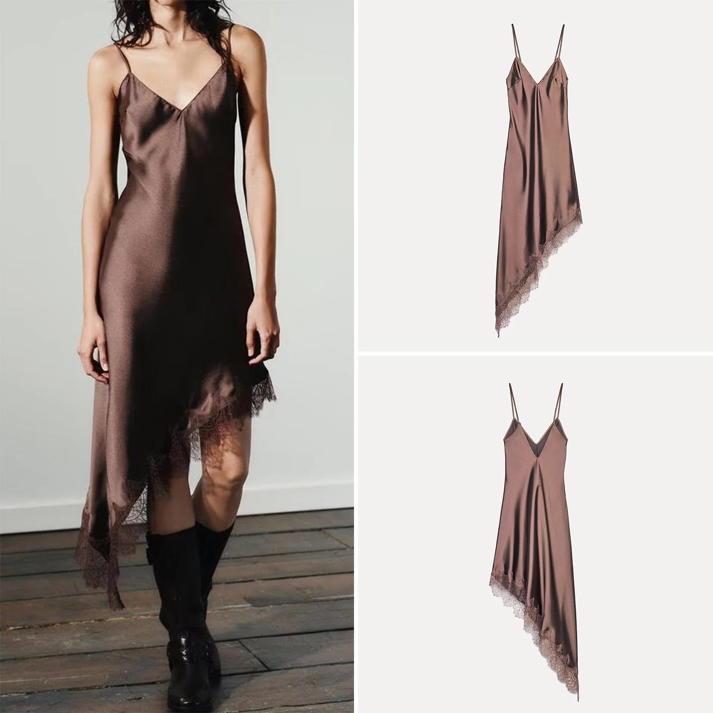 Vestido de Mujer con Textura de Satén de Seda y Detalles de Encaje, Estilo Casual para el Trabajo, Sin Mangas, Marca Z, ...