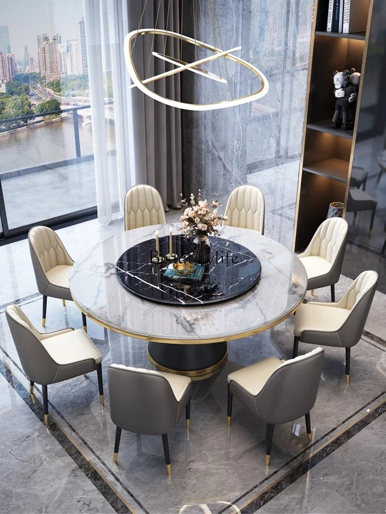 

55Light luxury marble dining table and chair combination modern simple round table with turntable dining table