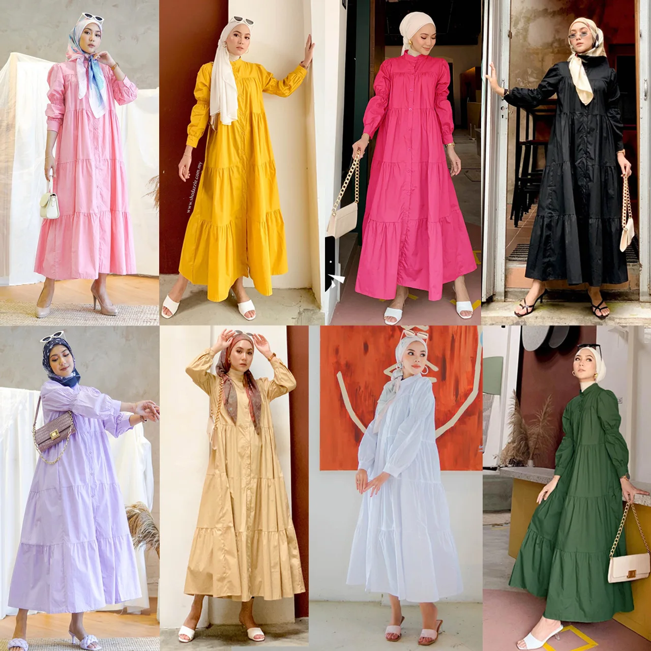 M209# Malay Indonesian Cotton Splicing Dress Muslim Solid Color Casual Loose Skirt