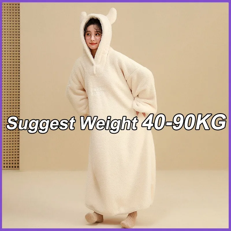 

Winter Ladies Little Devil Nightgown 40-90KG Loose and Oversized Robes Lamb Fleece Cute One-piece Pajamas for Men and Women