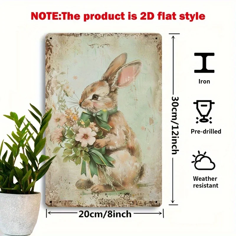 Vintage Rabbit and Blooming Flowers Metal Wall Decor - 8x12 Inch Iron Farmhouse Hanging Art Suitable for Easter Gifts, Spring Ro