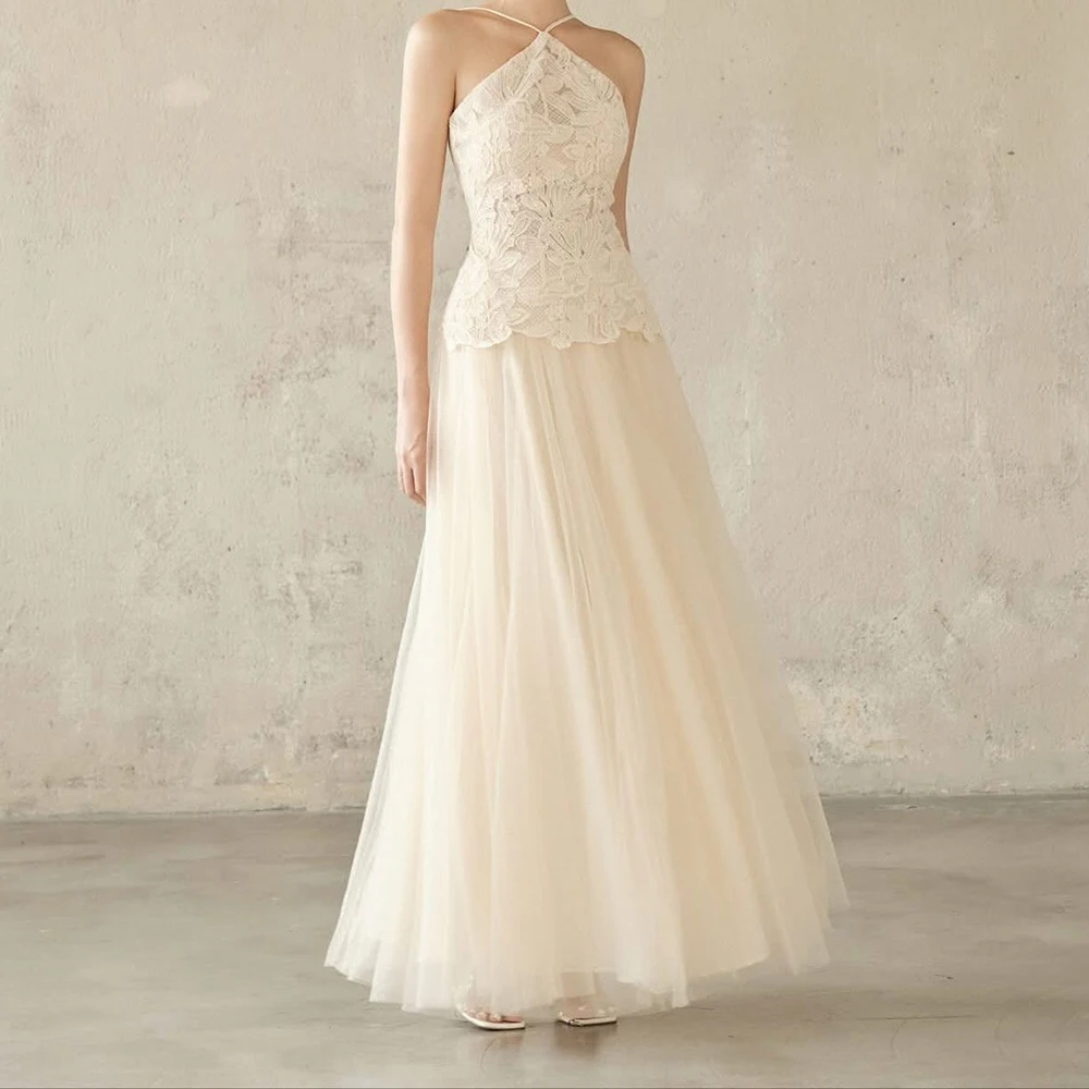 

Customized A-line Evening Dresses Ankle-length Spaghetti Strap Sleeveless Prom Gown Fashion Lace Simple Draped Casual Party Gown