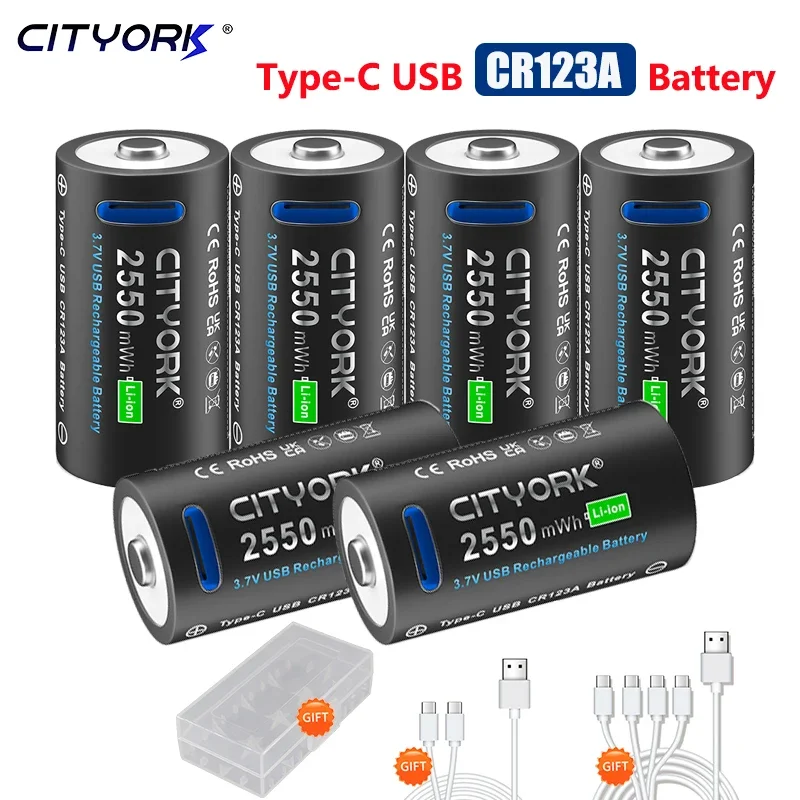 

CITYORK 2-8PCS 3.7V 16340 16350 Rechargeable Battery Type C USB Charging RCR123 CR123 CR123A Btteries For With USB Type-c Cable