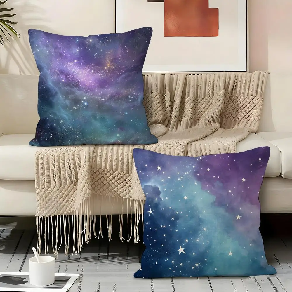 Blue Galaxy Nebula Starry Cushion Cover Natural Linen Organic Fabric Double-Sided Printing Sofa Home Decor Gift Pillow Cover