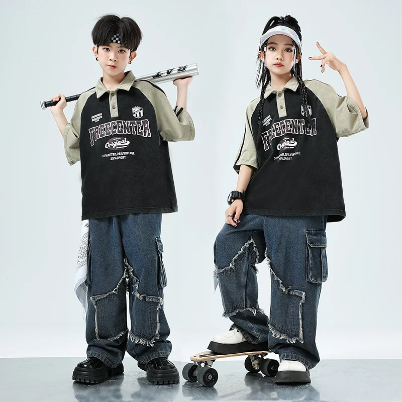 子供のためのヒップホップスタイルの服,ストリートダンスTシャツ,デニムパンツ,ジャズジョギング,子供のためのジャズコスチューム,10代のための服のセット