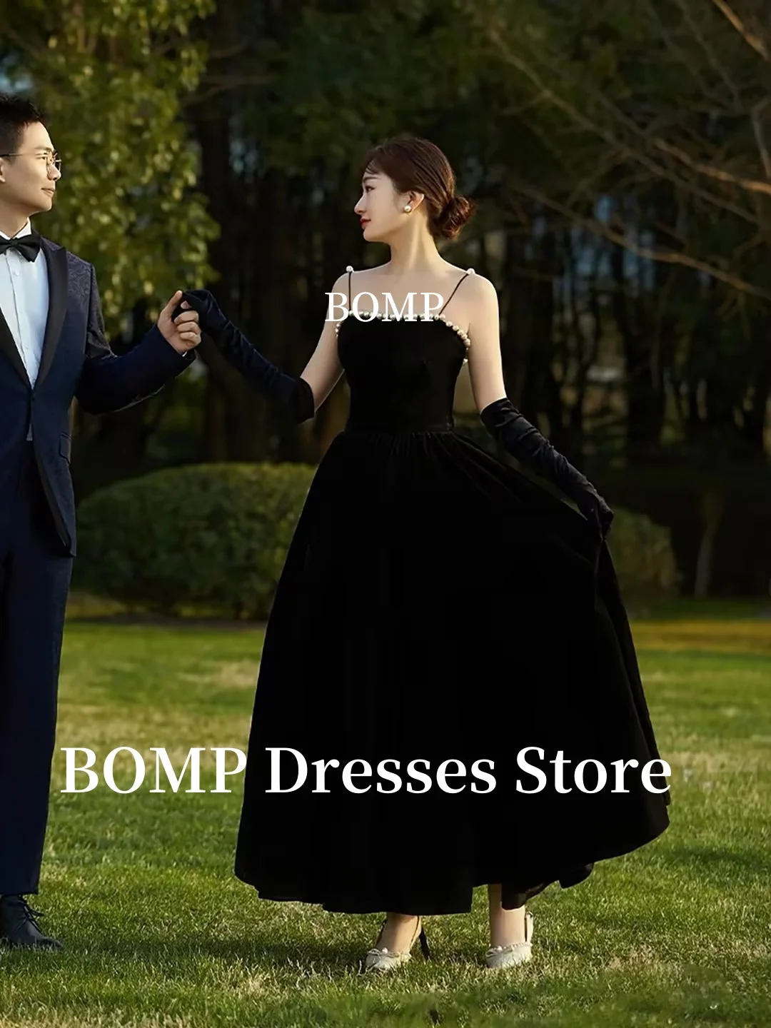 BOMP エレガントなイブニングドレス ベロア ビーズ スパゲッティ ストラップ A ライン ブライダル ドレス 韓国のウェディング ドレスの写真撮影カスタマイズ 웨딩드레스