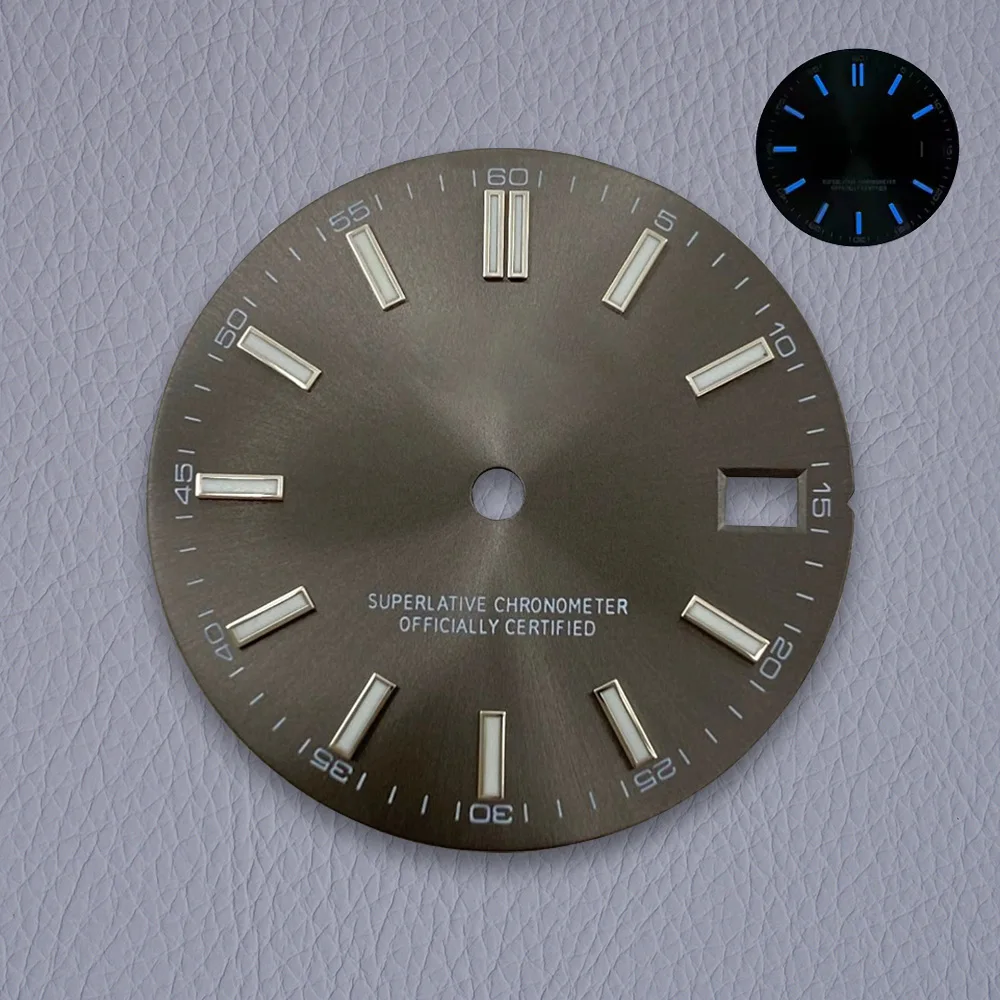 28.5mm S 로고 햇살 다이얼 NH35/NH36/4R 일본 무브먼트 블루 빛나는 고품질 다이얼 시계 수정 액세서리