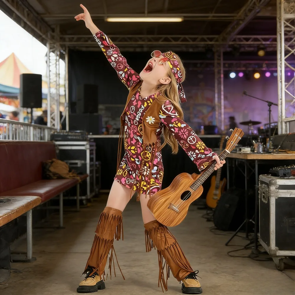 Disfraz de Hippie Rock para Niñas, Traje para Halloween, Carnaval, Actuaciones, Estilo Retro Groovy para Cantantes de Hip Hop