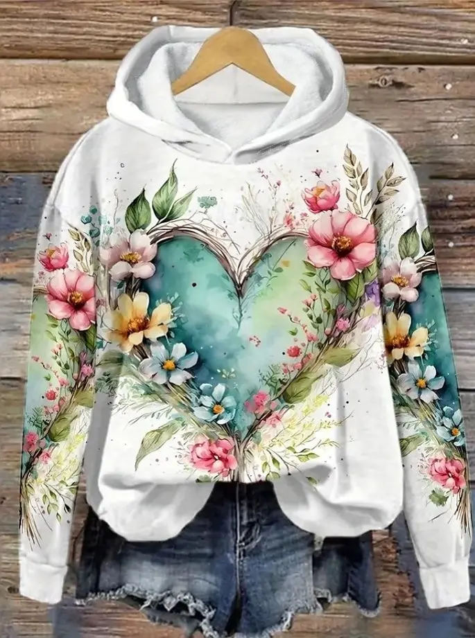 

Women's Hoodie Heart Floral Graphic 3D Print Hoodies Streetwear Oversized Pullovers Y2K Hooded Sweatshirts Tops Female Clothing