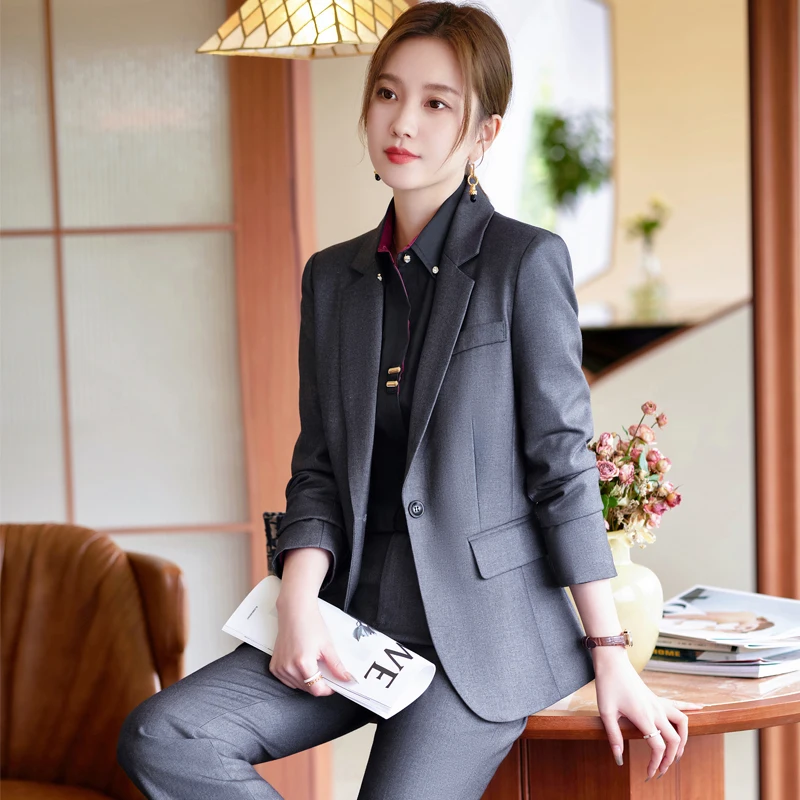 NAVIU Gray Suits Women New Autumn Winter Temperament Professional Formal Slim Blazer And Pants Sets Office Lady Work Wear Black