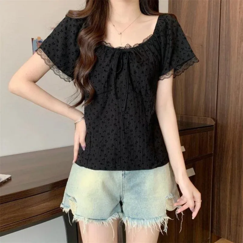 Sweet Two Way Off Shoulder Lace Trim Blouse Women Summer Bow Decor Slim Casual Plus Size Short Sleeve Top