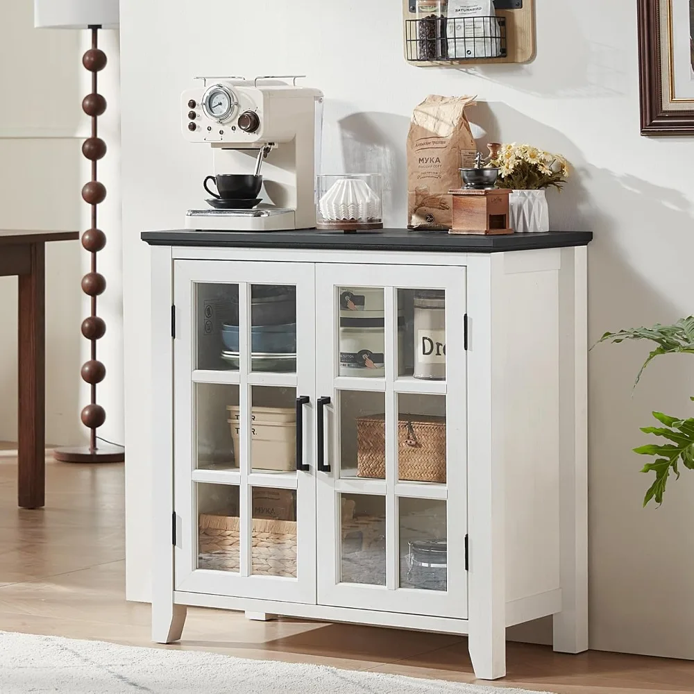 

Sideboard Buffet Cabinet with Storage, 32 Farmhouse White Kitchen Coffee Wine Bar Cabinet with 2 Glass Doors,
