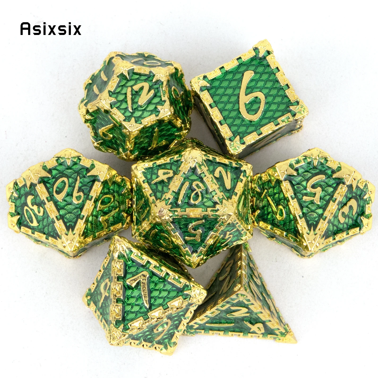 

7 Pcs Green Golden Fish Scale Metal Dice Solid Metal Polyhedral Dice Set Suitable for Role-Playing RPG Board Game Card Game