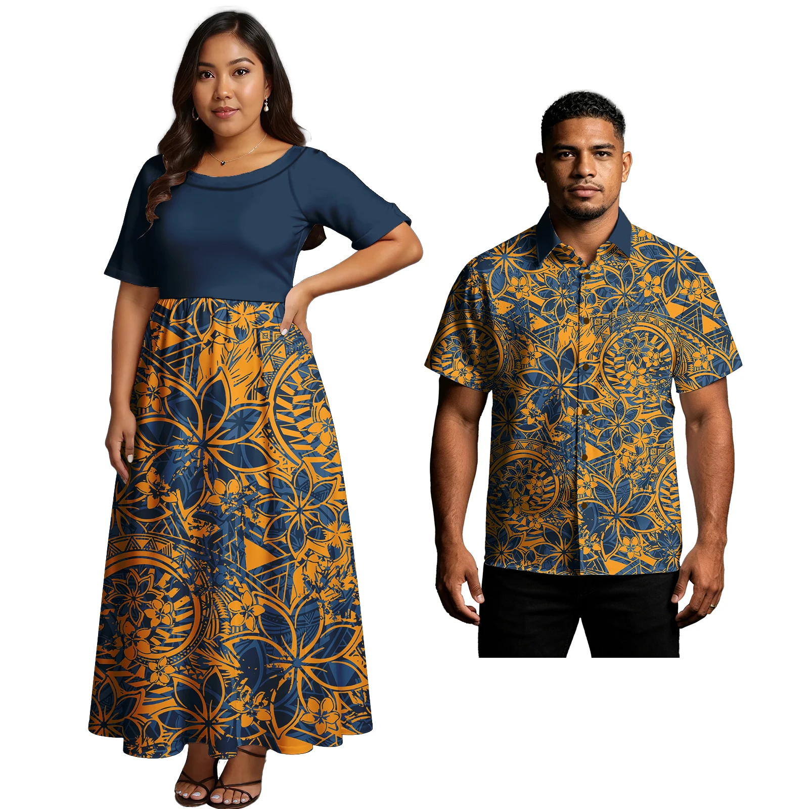 Unisex Clothes Samoan Polynesia Women Elegant Big O-Neck Long Dress Men Casual Shirts Hawaiian Floral Print Match Couple Outfits