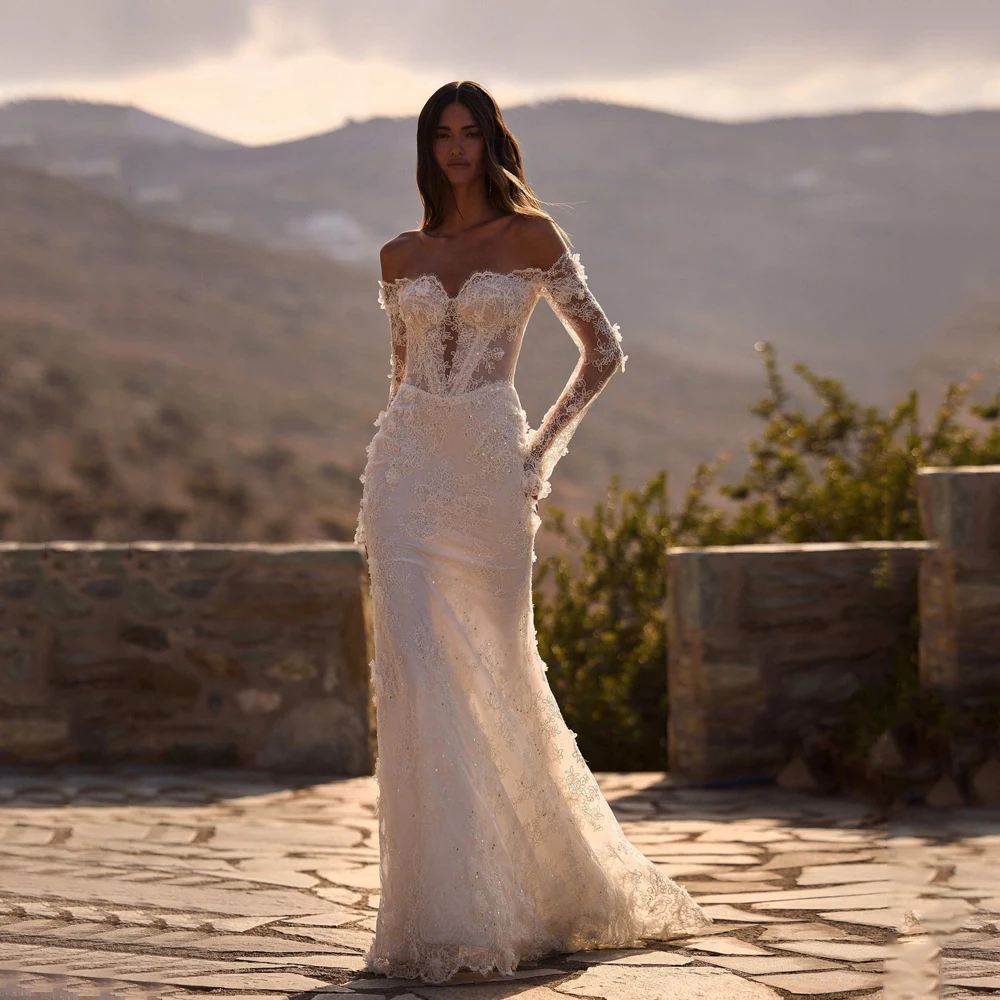 

Sparkling Full Sleeve Wedding Dress for Bride Mermaid Zipper Back 3D Appliques Sweep Train Robe De Soiree De Mariage Customized