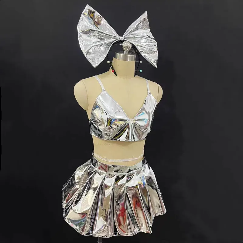 Bar Nightclub Women DJ Gogo Dancer Costume Silver Gold Laser Leather Mini Skirt Bow Headgear Team Dance Outfit Sexy Stage Wear