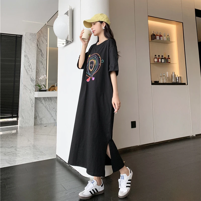 Plus Size Women's Dresses for 2024 Summer Cartoon Print Lady Loose Causal Vestidos Black Color Split T-Shirts Dress Female Robe