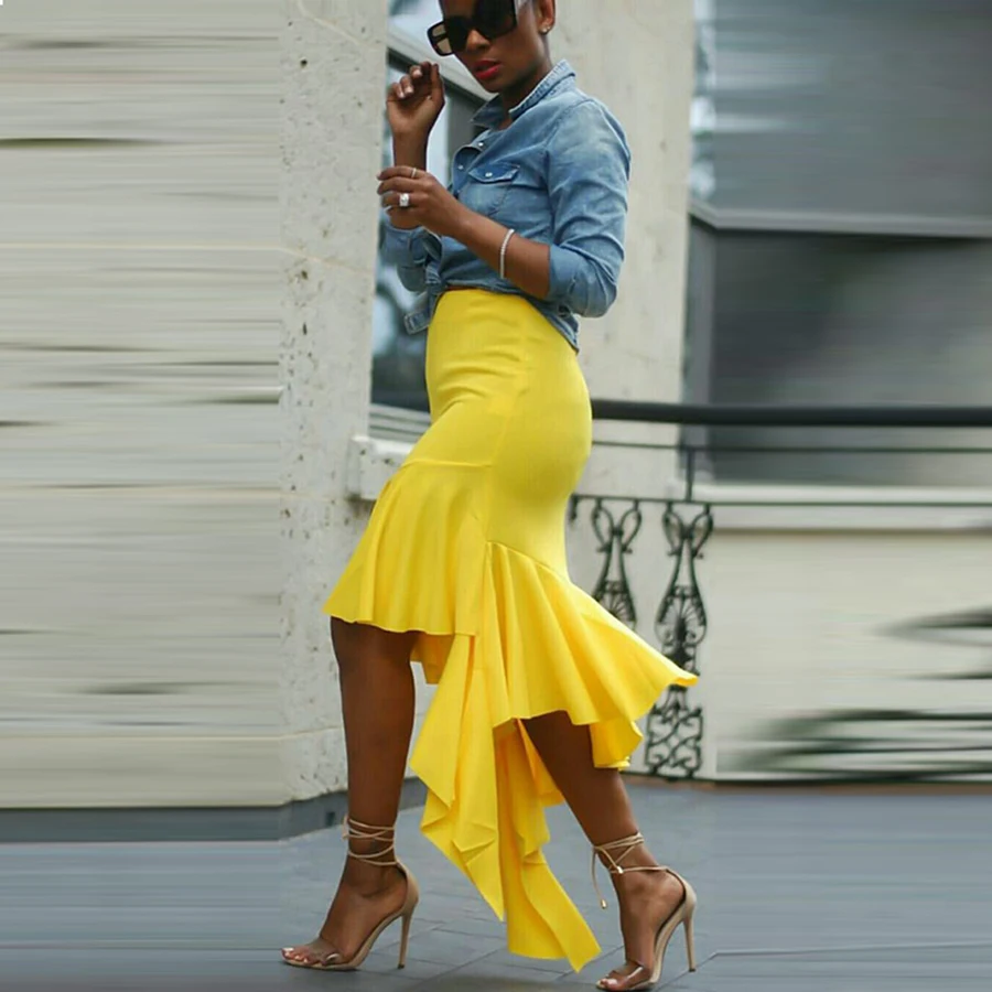

Yellow Mermaid Skirt Fashion Women Prom Party Lady Skirt Wedding Guest High Low Saias Women Formal Wear Party Gowns