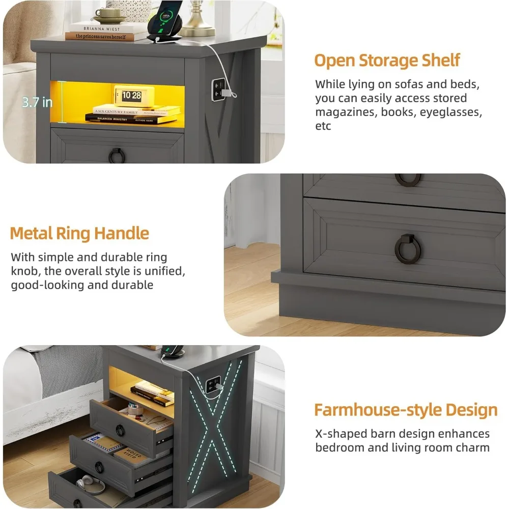 Lockable Gun Drawer Nightstand in 3 Colors with Dimmable LED and Charging Station, Bedside Table with Human Sensor