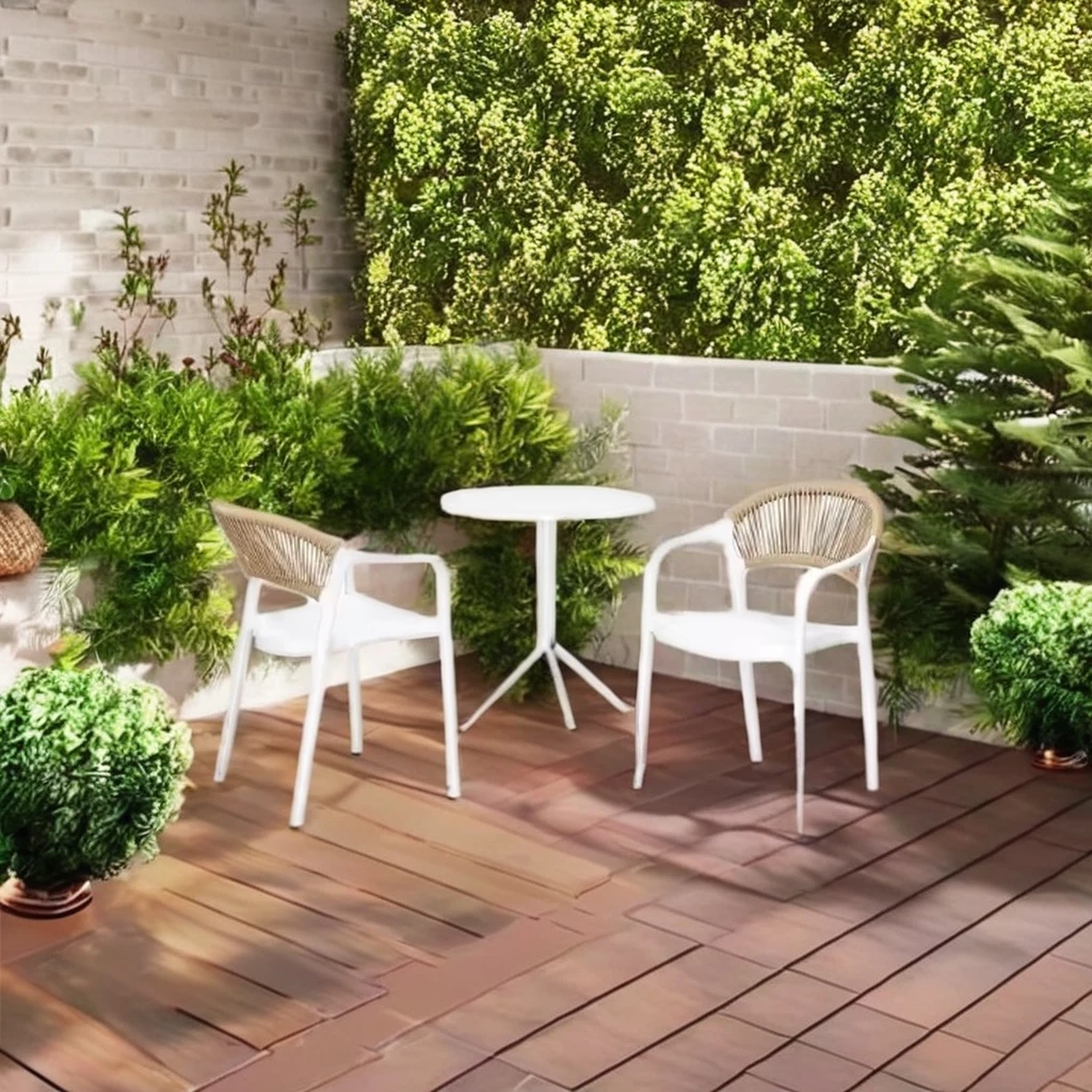 

3pcs Leisure Bistro Set Outdoor Table with Steel Frame & Rope Seat Back Cheap PP Top Chair Balcony Dining Set