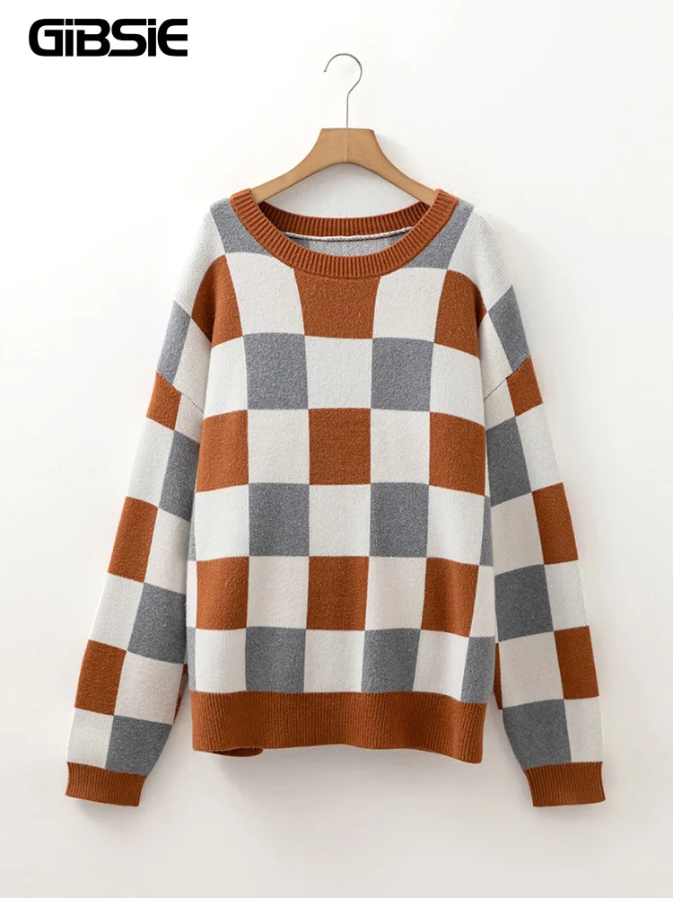 

GIBSIE плюс размер клетчатый свитер с длинными рукавами для женщин модные мягкие теплые осенне-зимние пуловеры с круглым вырезом женский повседневный вязаный топ