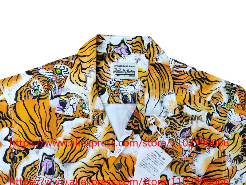 New Arrival WACKO MARIA Men's Tiger Print Short Sleeve Button Up Casual Hawaiian Camp Collar Shirt Loose Casual Fast Delivery