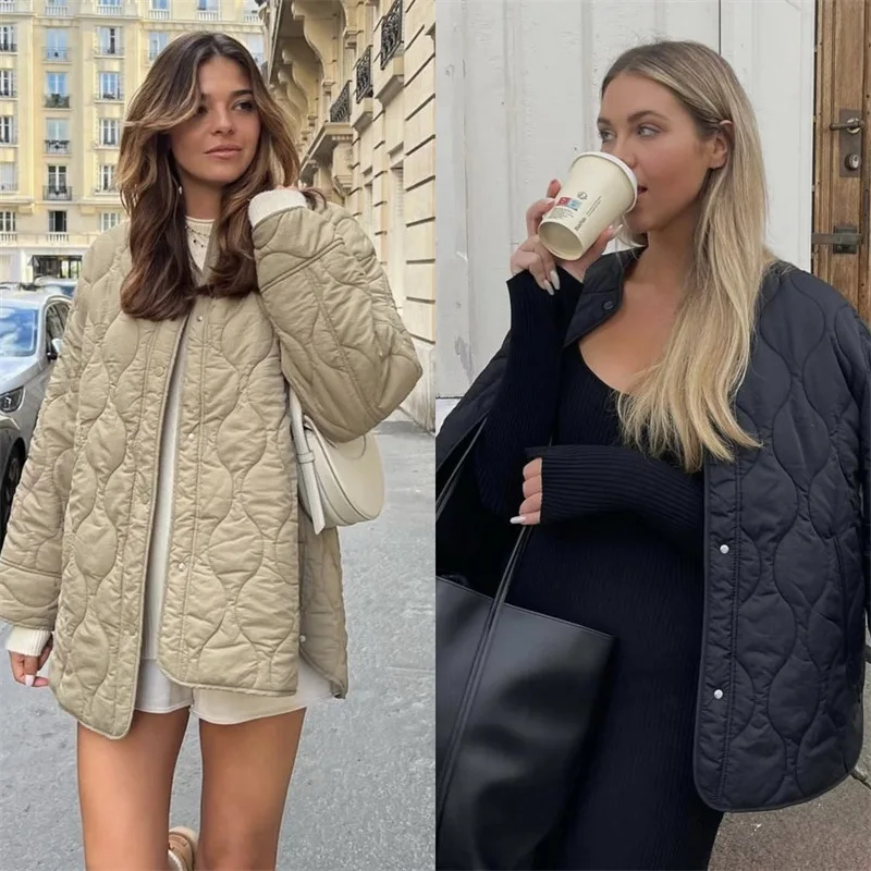 

Women Quilted Jacket 2025 Winter Casual Long Sleeve Padded Coat Double Pocket Loose O-Neck Female Chic Coat Outerwear