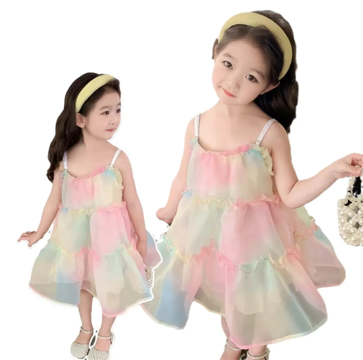 Summer Toddler Kids Girl's Clothes Baby's Rainbow Decor Mesh Splicing Cami Dress Elegant Sleeveless Princess Dress