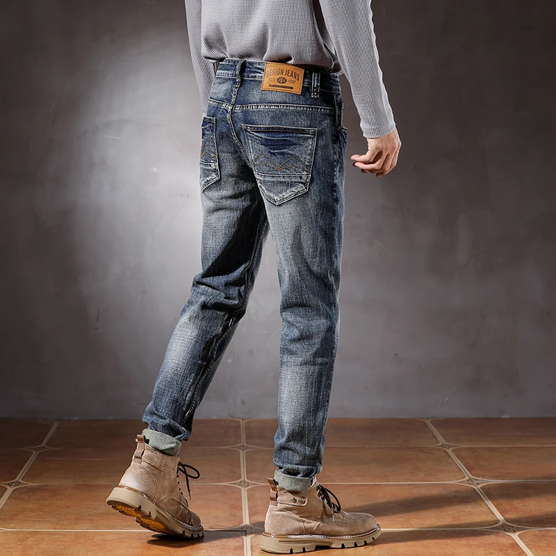 High quality men's jeans new slim fit straight leg scraped and washed elastic men's pants skinny jeans men  ripped jeans