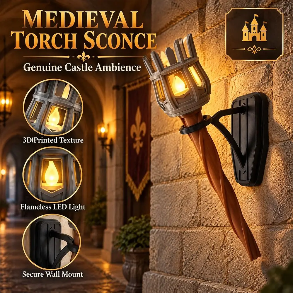 Vintage Medieval Torch Wall Lamp Led Lighting 3D Print Halloween Flame Torch Light Table-Base Hand-Held