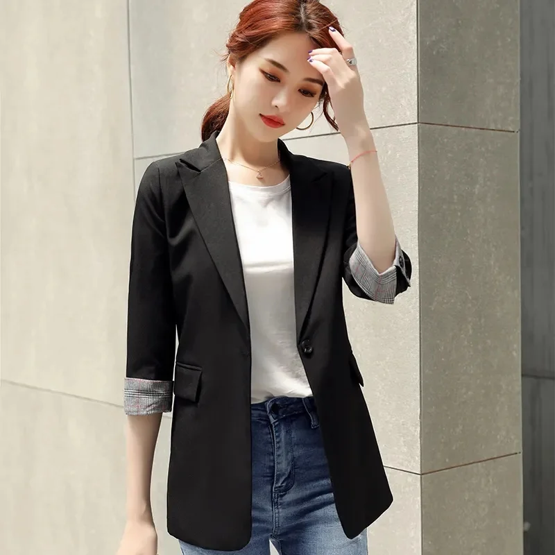 Korean Female Medium Long Styles Suit Coat Spring Autumn Woman Fashion Leisure Jacket Ladies Patchwork Tops Outwear