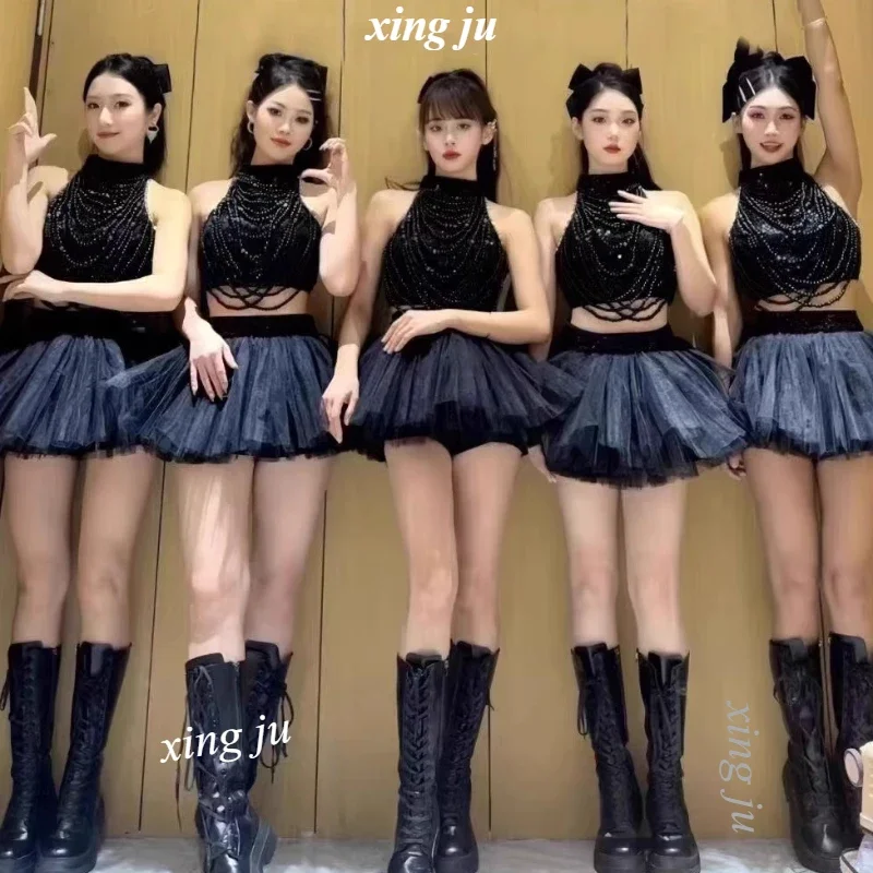 

Women Group Jazz Dance Costume Black Sequin Halter Tops Sexy Mesh Short Skirt Kpop Outfits Nightclub Dj Stage Performance Wear