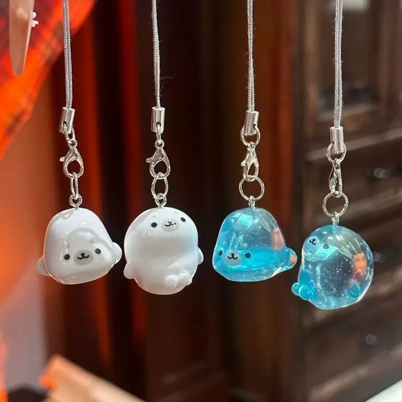 Cartoon 3D Seal Phone Strap Keychain Blue Transparent Ocean Animal Mini Bag Charm Pendant Album Camera Lanyard Birthday Gifts