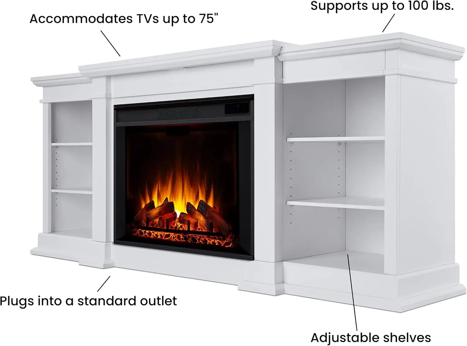 Real Flame Eliot 81 "" Grand Electric camino Tv Stand In bianco per Tv fino a 80 pollici, centro di intrattenimento con regolabile