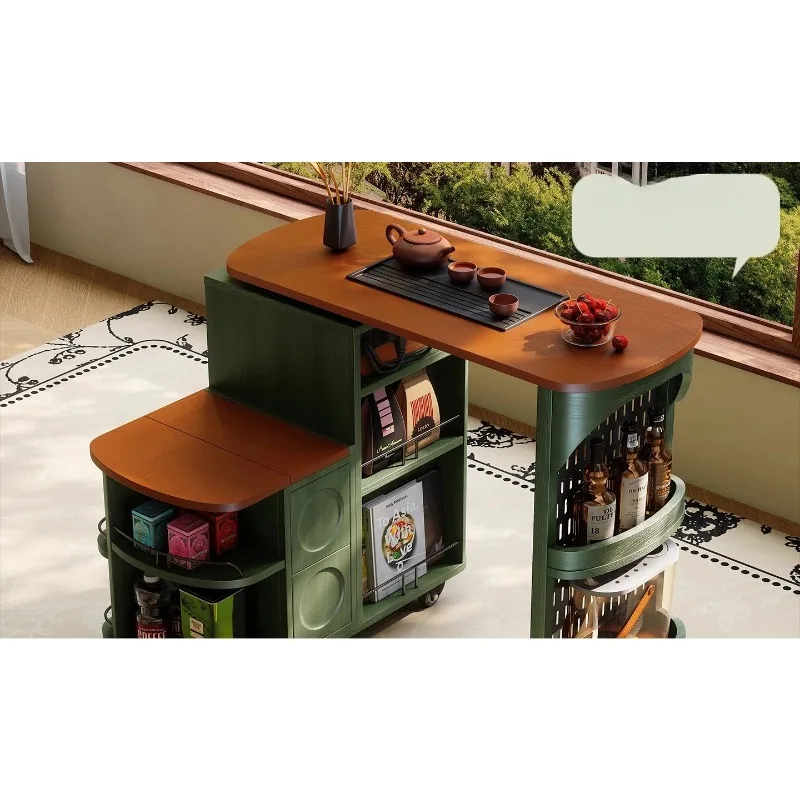 E182 Medieval style movable tea table French retro style rotating solid wood mobile side cabinet universal wheel