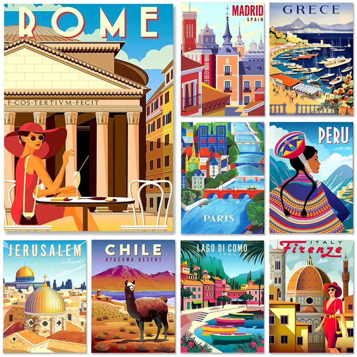 Conjunto de Placas Metálicas Planas 2D Vintage: Pôsteres de Viagem Roma, Madri, Paris, Peru, Jerusalém, Chile, Florença – Arte Retrô de Turismo para Decoração de Casa