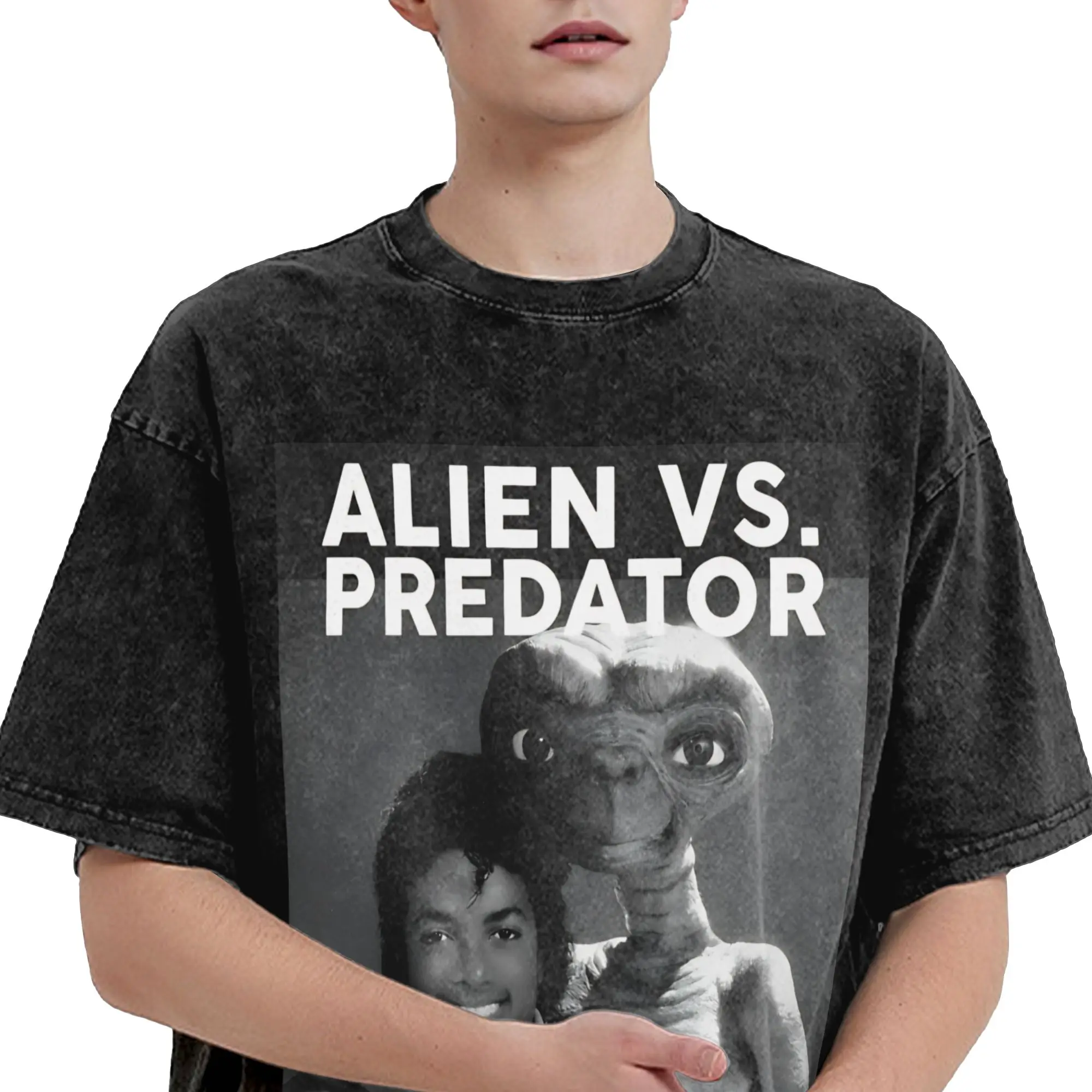 Washed T Shirts ALIEN AND A PREDATORs meme Hip Hop Vintage T-Shirts Harajuku Streetwear 100% Cotton Tops Tee Shirt for Men Women