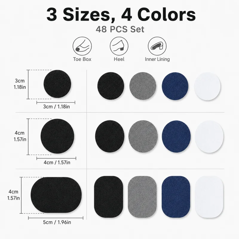 Self Adhesive Fabric Shoe Heel Repair Patches 48PCS, Wear-resistant Sneaker Hole Cover Protector Stickers, 4 Colors