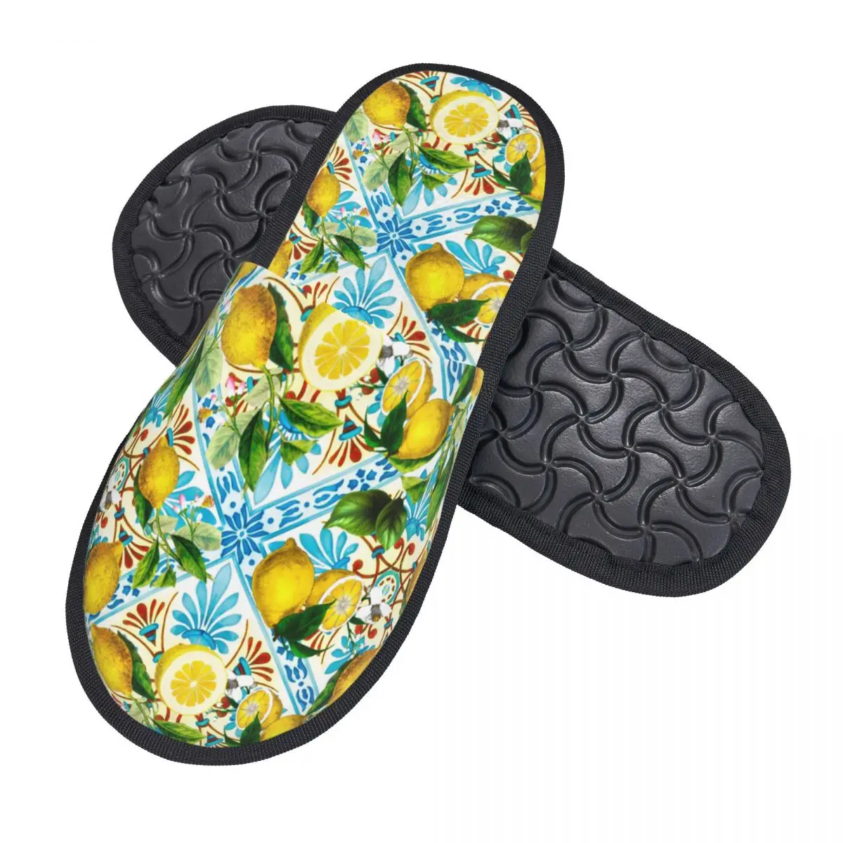 Custom Mediterranean Style Sicilian Tiles Lemons Citrus Memory Foam Slippers Women Cozy Warm House Slippers