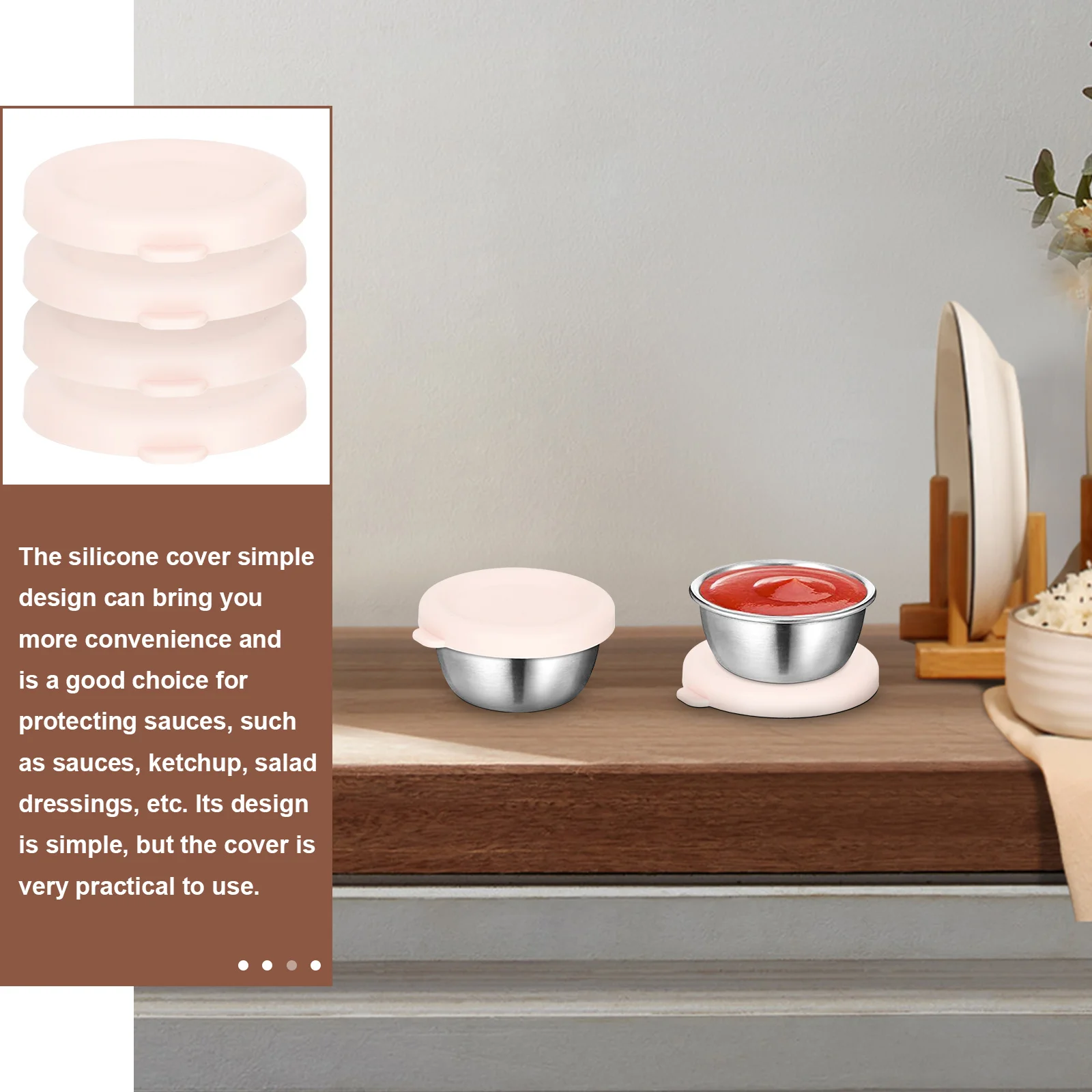 

4Pcs Stainless Steel Sauce Cups Lids Silicone Dipping Sauce Container Covers for Ketchup Salad Dressing Spice Dish Seasoning