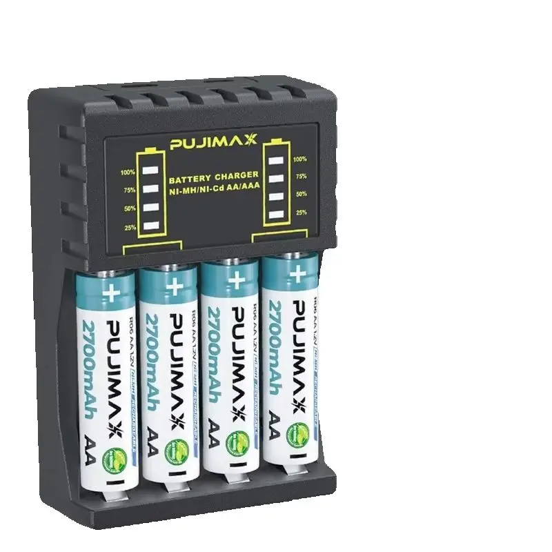 4 Slot Intelligent Battery Charger, USB-C & Micro USB Dual Input, Auto-Detect for AA/AAA Ni-MH/Ni-Cd Batteries, LED Status Displ