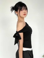 2025 femmes été Ins Style nouveau rétractable plissé une épaule haut court dos nu torsion cravate asymétrique T-Shirt haut décontracté 2