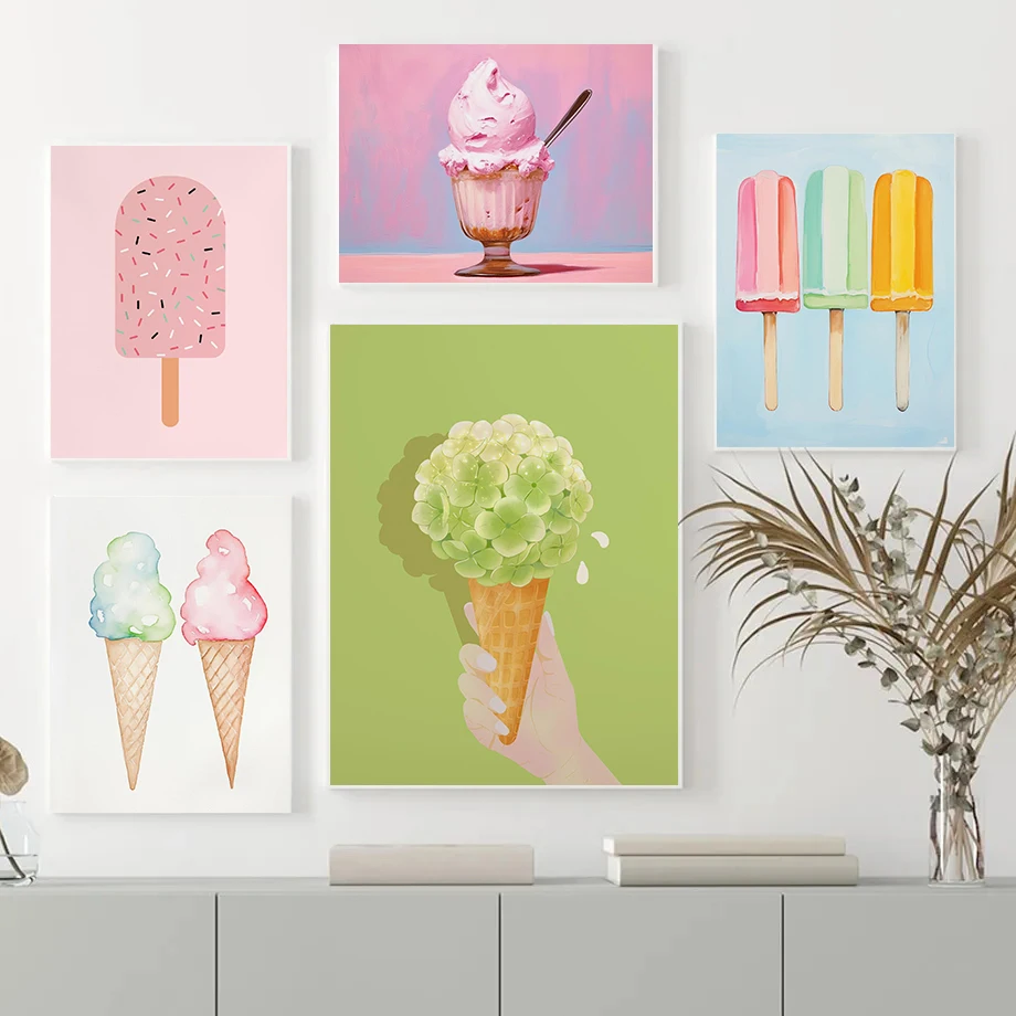 Summer Ice Cream Posters Pastel Minimalist Hydrangea Ice cream Prints Canvas Painting Wall Art Pictures Home Nursery Room Decor