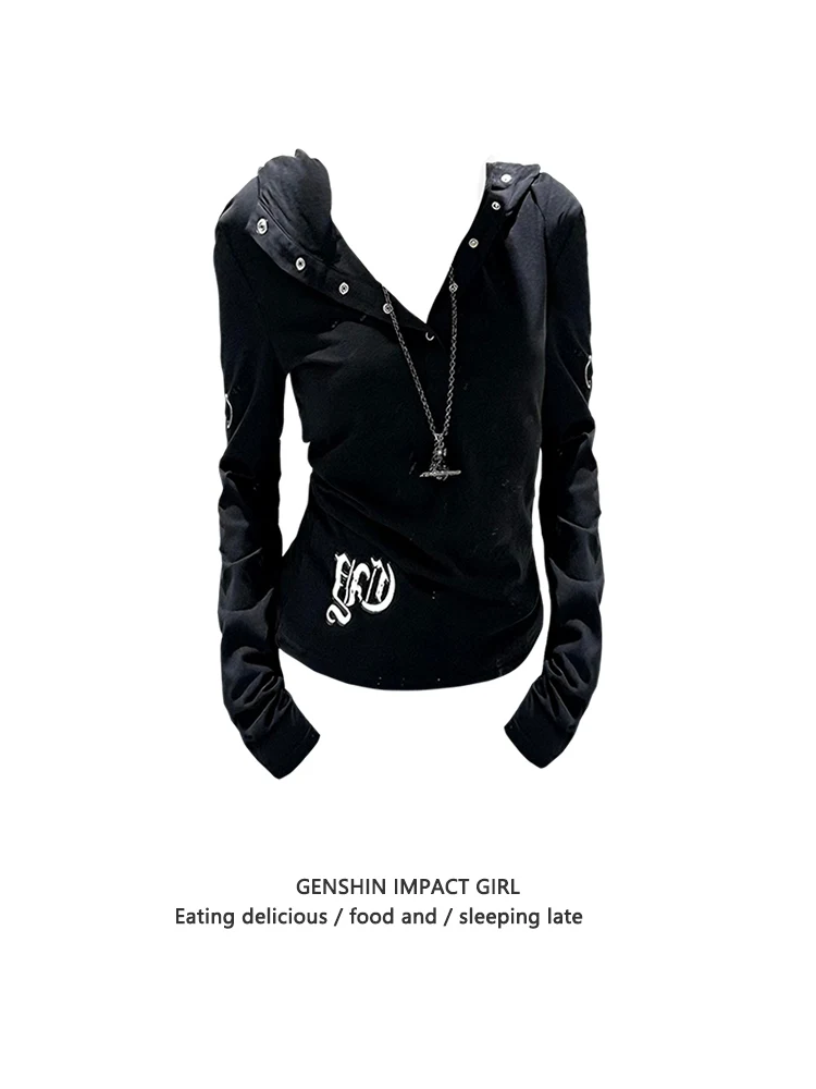Hooded Black Sun Protection Shirt Women's Summer Thin Gothic Style Printed Long Sleeve T-Shirt Slimming Versatile Top