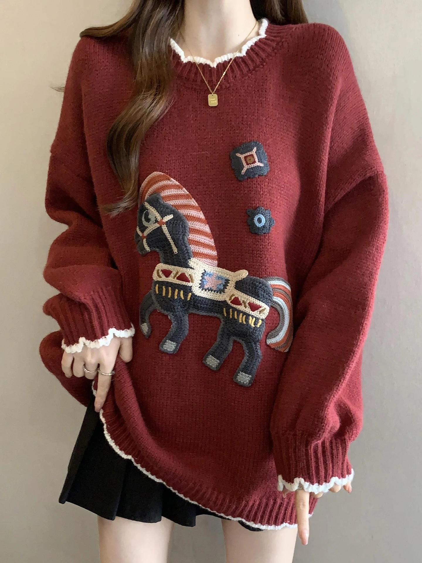 

Красный вязаный свитер женский осенне-зимний свободного кроя средней длины, комфортный, мягкий, теплый, для повседневной носки