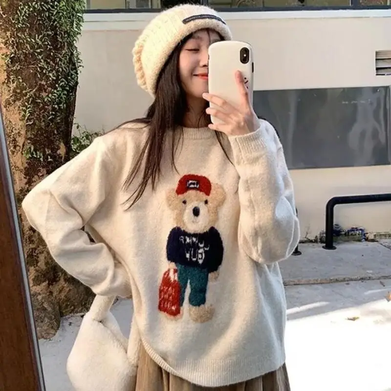 

Новый женский свитер в корейском стиле, вязаный, весенне-осенний, свободного кроя, утолщенный, с круглым вырезом, из хлопка, крупной вязки